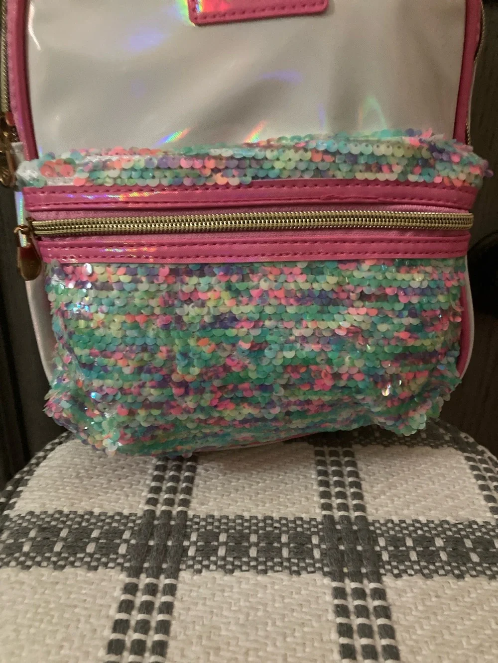 Justice Iridescent White & Pink Sequin Kids Backpack